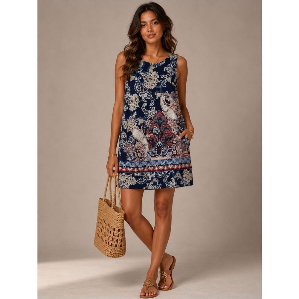 Lila Rose Navy Paisley Shift Mini Dress with Cream and Red Accents Sleeveless 12